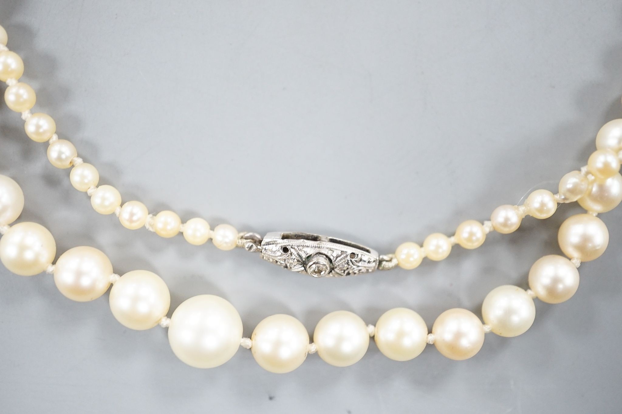 An early 20th century single strand graduated pearl necklace(not tested for natural or cultured), with diamond set white metal clasp, 49cm, largest pearl diameter 7.1mm, smallest 2.1mm, gross weight 10 grams.